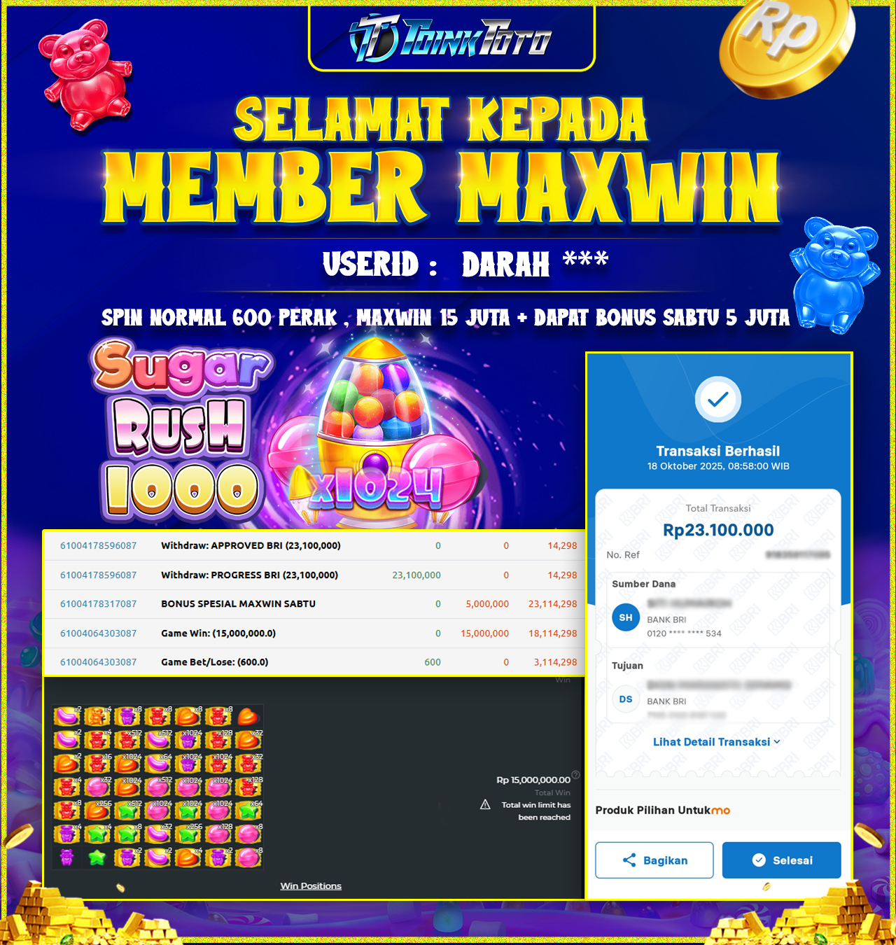 TOINKTOTO JACKPOT GAME SLOT SUGAR RUSH 1000 Rp.23.100.000.,- LUNAS